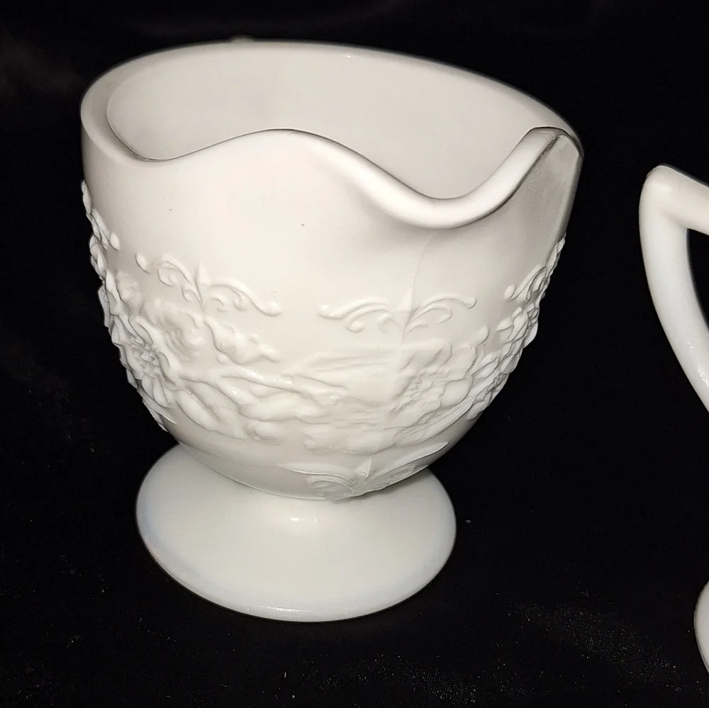 Vintage Indian Co. Pressed Milk Glass~Sugar Bowl and Creamer Set~Orange Blossom